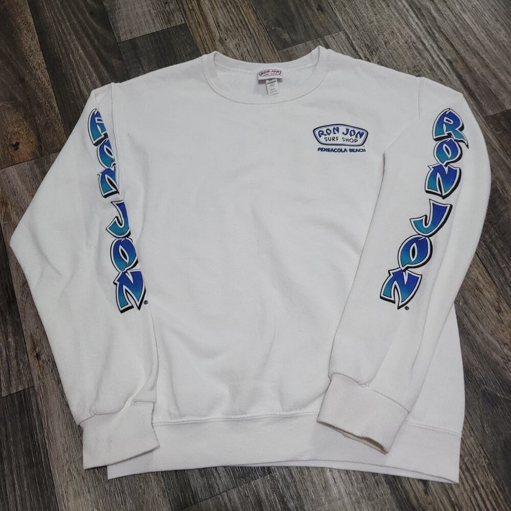 Ron‎ Jon Surf Shop White Sweatshirt Mens Small Pensacola Beach Surf Surfing Y2k